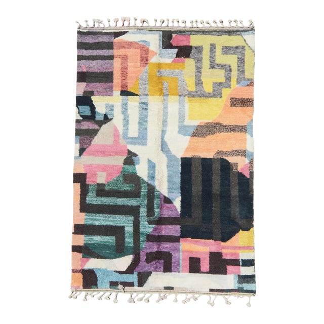 Multi-Color Hand-Knotted Moroccan Wool Rug - 9 X 12 Ft For Sale