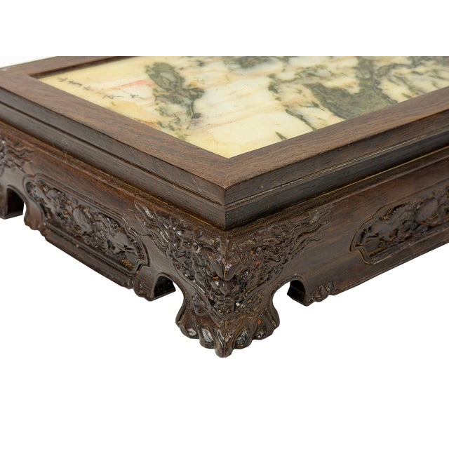1990s Rectangular Dream Stone Inlaid Rosewood Foo Dog Lions Motif Display Stand For Sale - Image 5 of 9