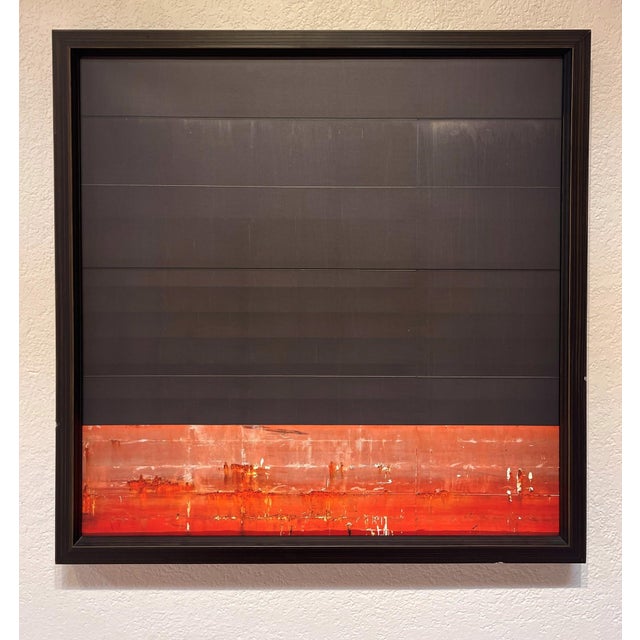 This artwork features a striking interplay of deep blacks and vibrant reds, evoking a sense of vastness reminiscent of a...