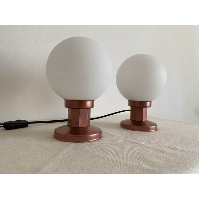 1970s Mid-Century Modern Space Age Opal Glass Globe Table Lamps from Kaj, Former Yugoslavia, 1970s, Set of 2 For Sale - Image 5 of 10