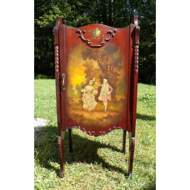 Early 20th C. French Vernis Martin Style Hand Painted Sheet Music Cabinet features hand painted scene of a courting couple...