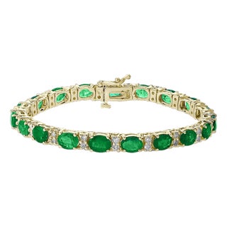 22 Carat Natural Emerald & Diamond Cocktail Tennis Bracelet 14 Karat Yellow Gold For Sale
