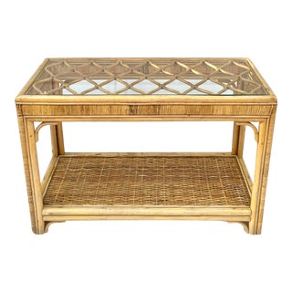 Mid-Century Boho Chic Wicker Rattan and Glass Console For Sale