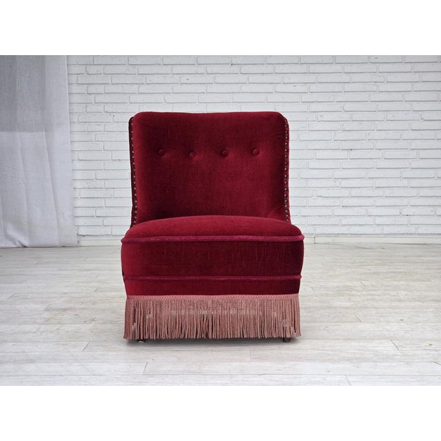 Red Danish Armchair in Red Furniture Velour and Beech Wood Legs, 1960s For Sale - Image 8 of 18