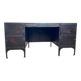 Restoration Hardware 1900’s French Industrial Metal Tool Chest Desk With Patina For Sale
