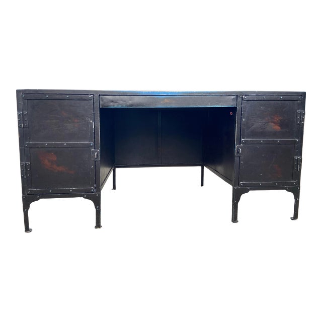 Restoration Hardware 1900’s French Industrial Metal Tool Chest Desk With Patina For Sale
