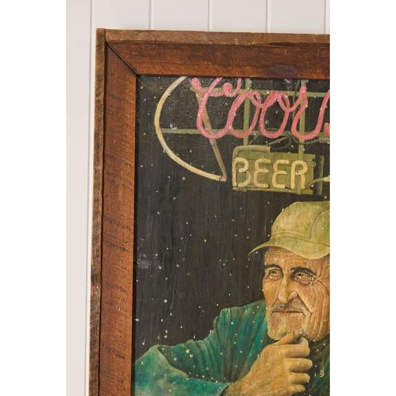 Vintage oil painting on canvas featuring the iconic brewery brand Coors, presented in a wood frame.