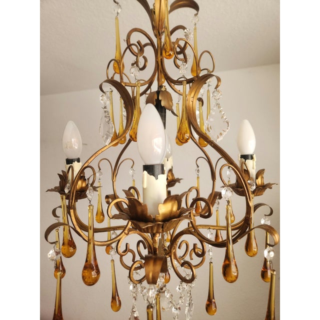 Floral Five-Light Gilded Ceiling Lamp with Crystals and Murano Glass Crystal Drops, 1960s For Sale - Image 9 of 18