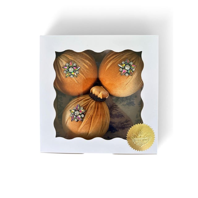 French Handmade Velvet Christmas Ornaments, Set of 3, Gold Jeweled Baubles, Gift-Boxed For Sale - Image 3 of 5