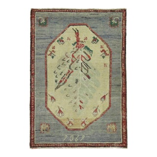 Zabihi Collection Gray Floral Folk Style Vintage Throw Turkish Rug Dated 1969 For Sale