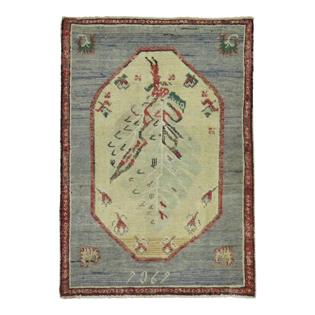 Zabihi Collection Gray Floral Folk Style Vintage Throw Turkish Rug Dated 1969 For Sale