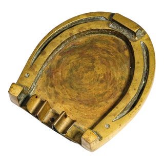 Solid Brass Antique Horseshoe Ashtray Equestrian Catchall Untouched Patina Desk Dresser Horse Home Decor For Sale