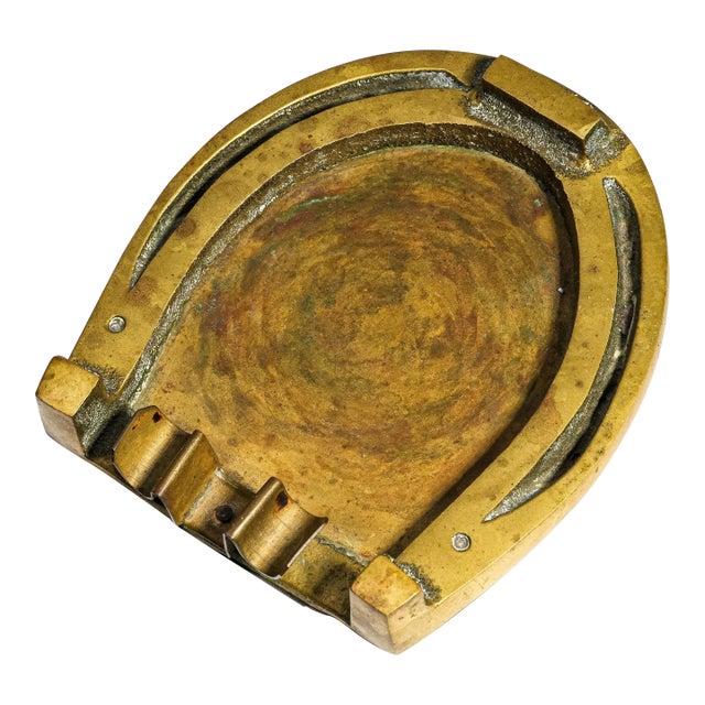 Solid Brass Antique Horseshoe Ashtray Equestrian Catchall Untouched Patina Desk Dresser Horse Home Decor For Sale