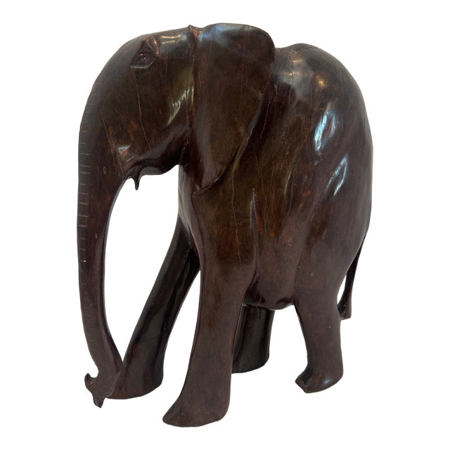 Vintage Hand-Carved African Kiaat Wood Elephant Sculpture – Organic Modern Safari Decor, 13.5” For Sale