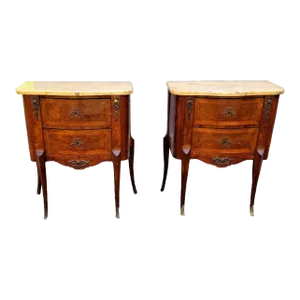 French Louis XI Style Burl Wood Serpentine Side Chest Commode With Marble Top - a Pair