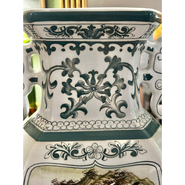1970’s Andrea by Sadek Green and White Porcelain Chinoiserie Japanese Porcelain Scenic Vase 15.5” For Sale - Image 9 of 11