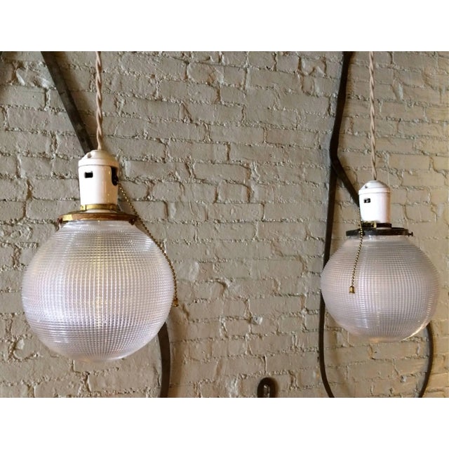 Industrial Pair of 1930s Industrial Holophane Glass Globe Pendant Lights For Sale - Image 3 of 8