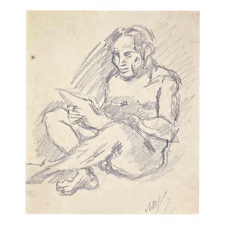 Mino Maccari, Reclined Male Nude, Drawing, 1932 For Sale