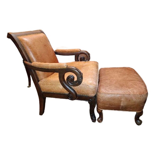 1990s Henredon High Back Chair & Matching Ottoman, Attributed For Sale