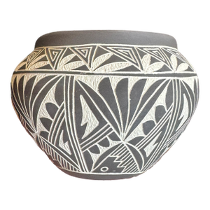 Acoma / Laguna Pueblo Sgraffito Pottery Jar — Hand-Etched Black on Matte Ground, Signed, 4.5"