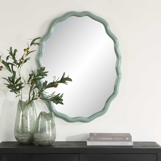 The Isly Oval Mirror Features A Whimsical, Wavy Profile That Is Finished In A Beautiful Robin's Egg Blue. Vintage, new...