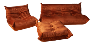 Amber Orange Velvet Togo Lounge Chair with Pouf and 3-Seat Sofa by Michel Ducaroy for Ligne Roset, Set of 3