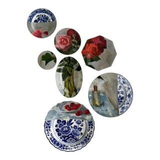 Wall Art Installation: Composition of Ceramic Plates and Oil on Canvas - "Roses & Cherries" - Set of 7 For Sale