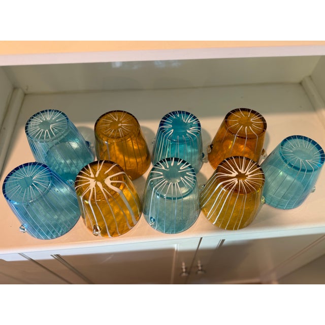 Glass 1970s Italian Venini for Disaronno Turquoise and Yellow Glass Ice Buckets -Set of 9 For Sale - Image 7 of 11