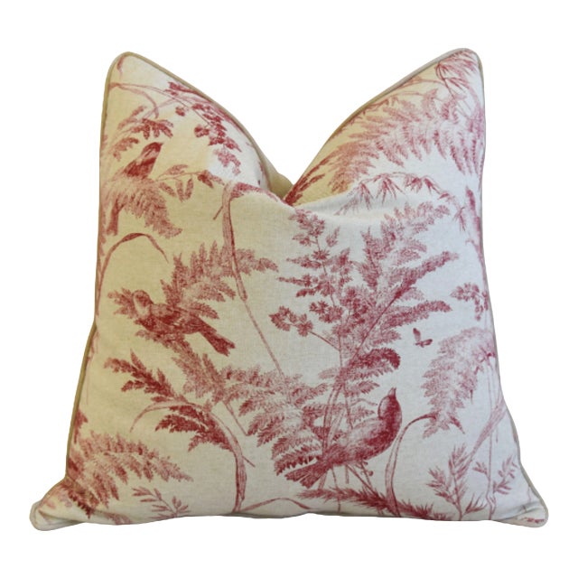 French Botanical & Birds Toile Linen Feather/Down Pillow 24" Square For Sale