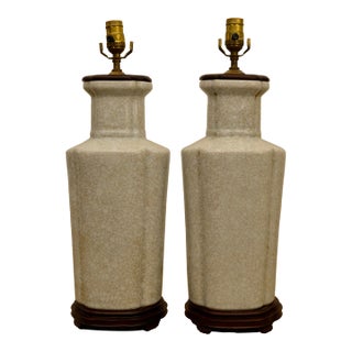1950's Hollywood Regency Asian Crackle Ceramic Table Lamps on Wood Bases - A Pair For Sale