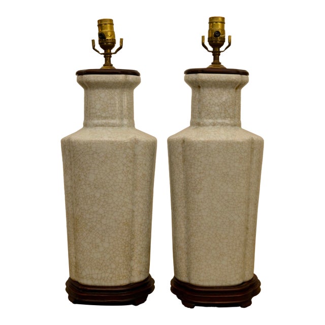 1950's Hollywood Regency Asian Crackle Ceramic Table Lamps on Wood Bases - A Pair For Sale