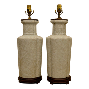 1950's Hollywood Regency Asian Crackle Ceramic Table Lamps on Wood Bases - A Pair