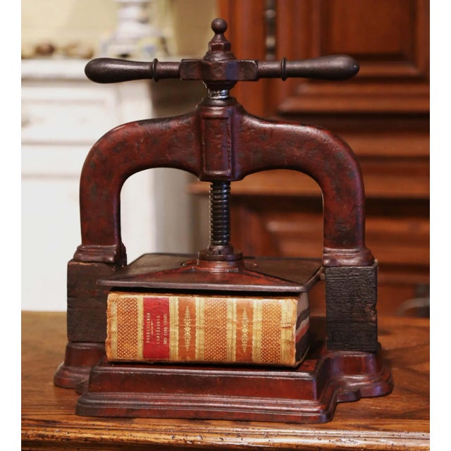 19th Century French Rust Red Painted Wrought Iron Book Binding Press With Book For Sale - Image 11 of 11