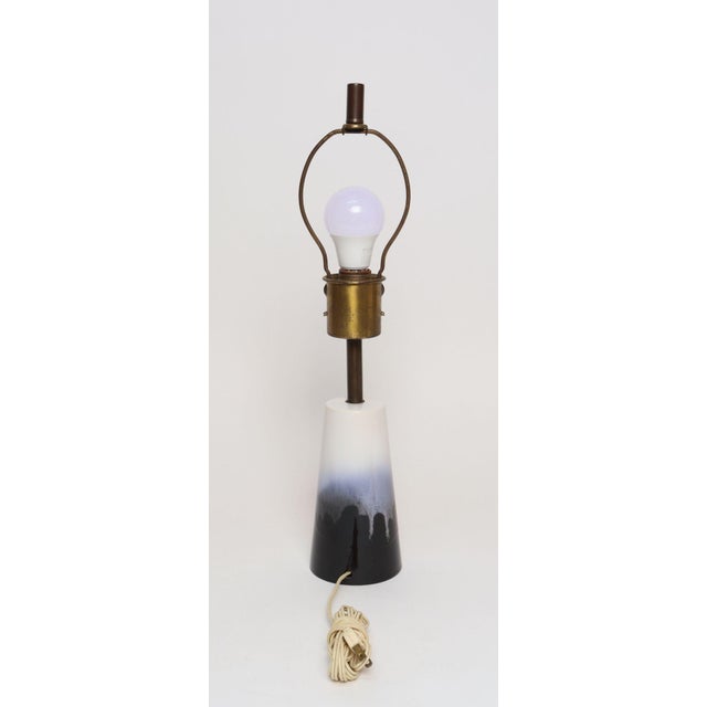 Vintage Atomic Aladdin Matte Blue and White Glazed Ceramic Table Lamp With Shade For Sale - Image 9 of 18