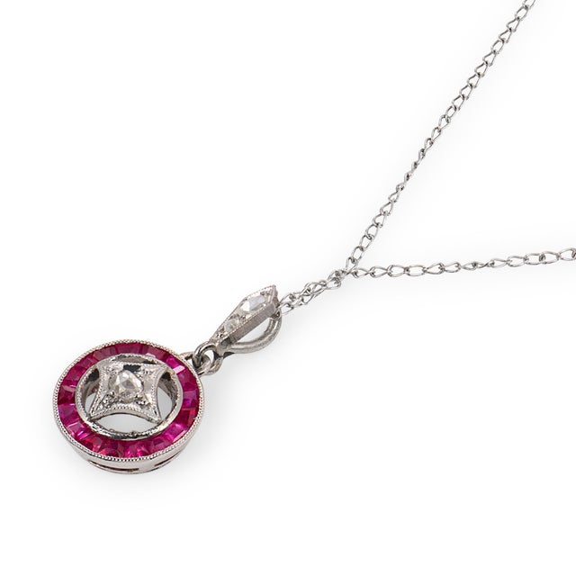1930s Art Deco Diamond Ruby Platinum 14k White Gold Necklace For Sale - Image 4 of 6
