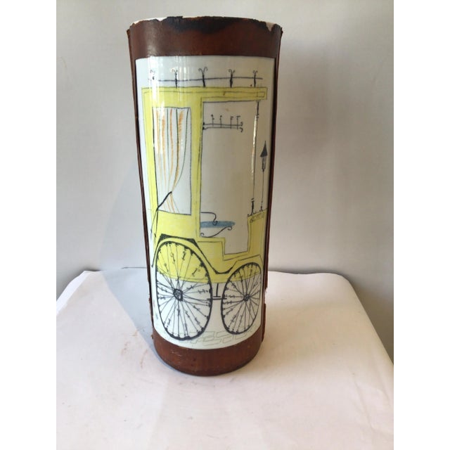 1960s Quadrifoglio Italian Leather & Ceramic Hand Painted Vase or Umbrella Stand For Sale - Image 4 of 11