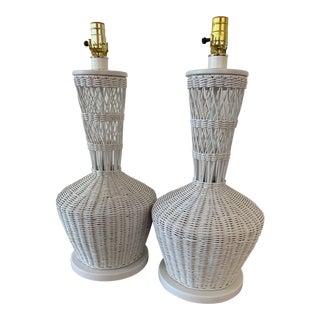 Wicker Rattan White Lamps - Pair For Sale