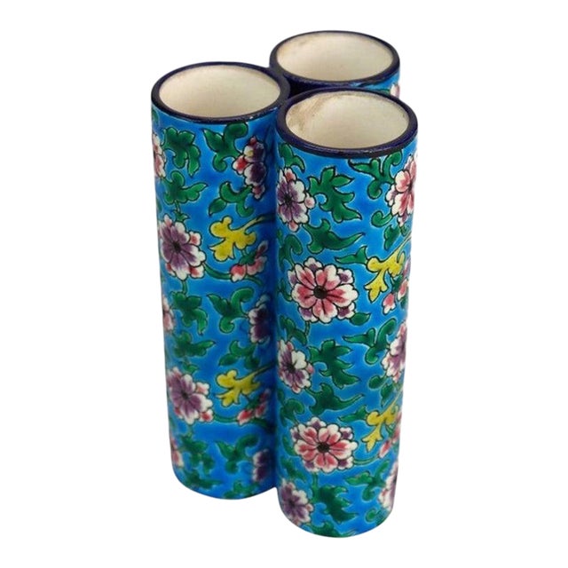 French Longwy Pottery Floral Decorated Triple Bud Vase, Signed, C1900 For Sale