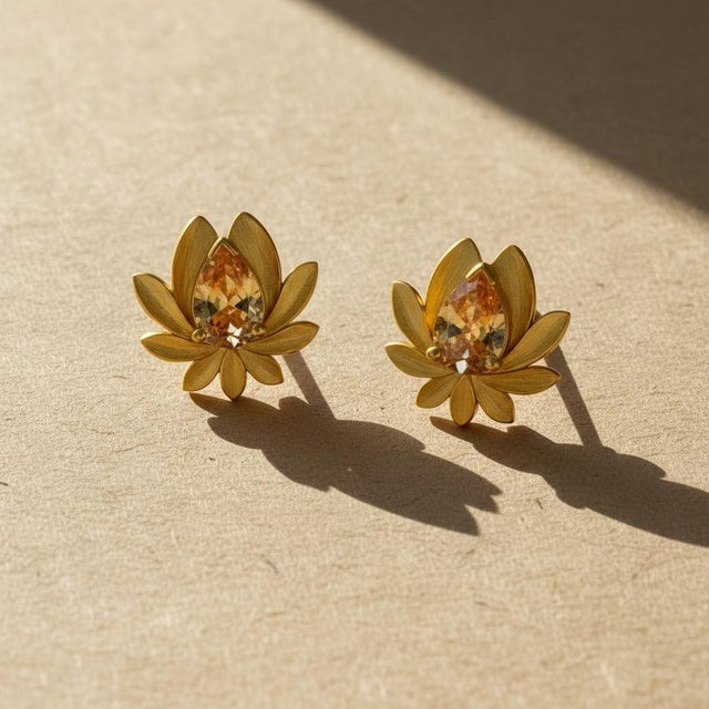 Modern Pear-Cut Citrine Lutus Flower Earrings Studs, Silver, Gold, Pair For Sale - Image 3 of 7