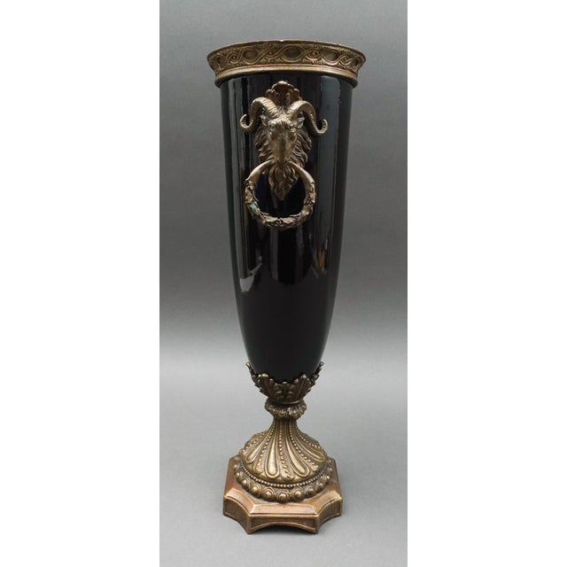 Antique Neoclassical French Gilt Bronze Black Ebony Porcelain Ram Head Vase Urn. Measures approximately 6 1/2" long, 5...