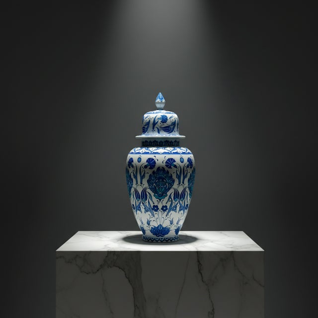 Blue Handmade Ceramic Shah Jar (30cm) Classic Blue and Turquoise Hatayi Lotus Pattern Vase For Sale - Image 8 of 8