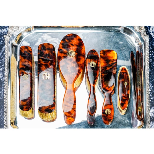 Gilded Age Antique Vanity Dressing Set Leather Case French Sterling Silver Jar Scent Perfume Bottle Brushes Grooming For Sale - Image 12 of 18