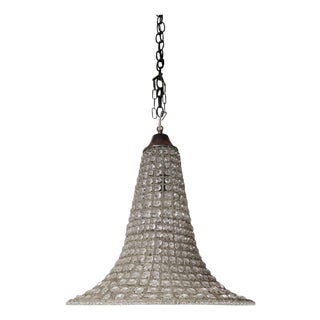 1970s French Bell Shaped Glass Pendant Chandelier, Beaded Metal For Sale