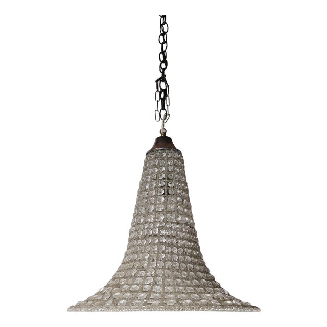 1970s French Bell Shaped Glass Pendant Chandelier, Beaded Metal For Sale
