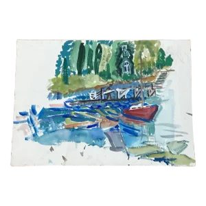 Mid 20th Century Landscape Painting Village Dock