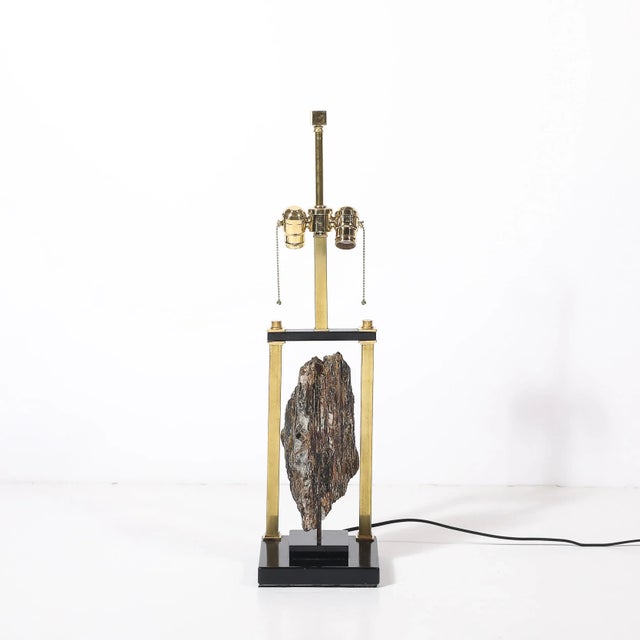 Mid-Century Modern Mid-Century Rectilinear Black Lacquer & Brass Pyrite Specimen Table Lamp For Sale - Image 3 of 11