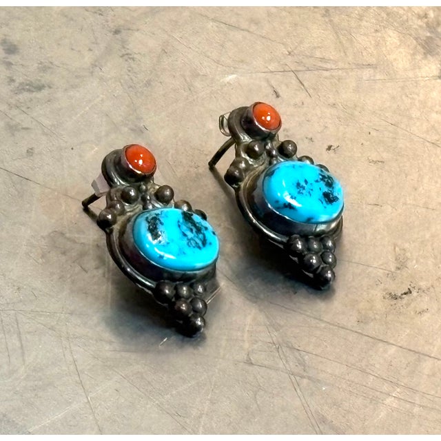 1960s-70s Sterling Silver, Turquoise & Coral Earrings, A Pair For Sale - Image 4 of 4