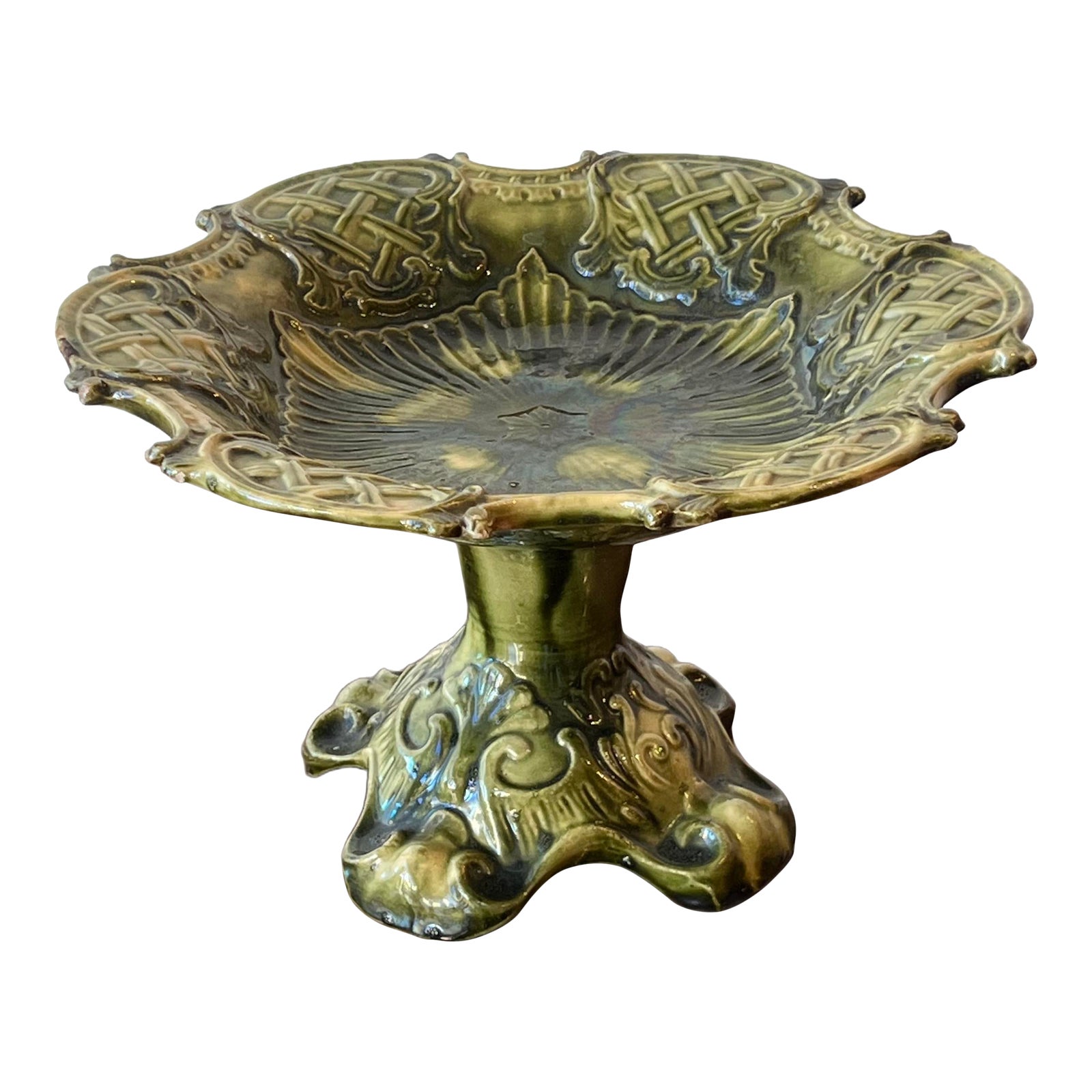 Antique European Majolica Compote With Ornate Relief and Green Glaze ...