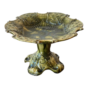 Antique European Majolica Compote With Ornate Relief and Green Glaze