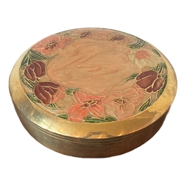 Mid 20th Century Round Pink Enameled Floral Lidded Box For Sale